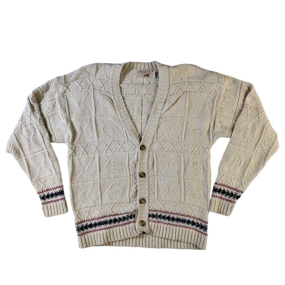 Vtg The Fox Collection Cardigan Sweater Cream Ivory Men Medium Grandpa Knit USA